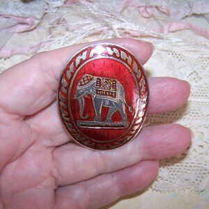 Pre-1949 Made in Siam Sterling Silver Red Enamel Pin Brooch - Elephant on a Pede